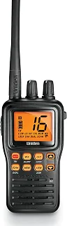 Uniden MHS75 Rádio marítimo VHF bidirecional à prova d'água, submersível, selecionável 1/2,5/5 Watt Potência de transmissão. Todos os canais marítimos dos EUA/internacionais e canadenses - Cor preta