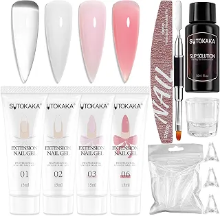 SUTOKAKA Kit Inicial De Unhas De Gel Polygel Com 4 Cores: Transparente, Branco E Rosa - Conjunto De Extensão De Unhas Polygel Com Solução Deslizante, Moldes Duplos E Ferramentas Para Manicure Em Casa