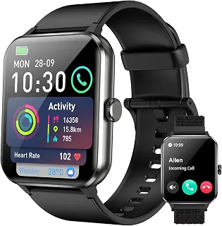 Smartwatch,Relógio Inteligente para Homens e Mulheres, 1.85' Tela HD Touch, 100+ Modos Esportivos, Chamadas Bluetooth,Assistente de Voz, Compatível com iOS/Android,Inclui 2 Pulseiras,Preto