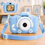 Câmera Fotográfica Digital Infantil Gatinho Fotos Vídeos jogos Full HD Azul