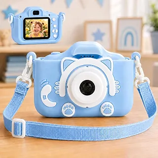 Câmera Fotográfica Digital Infantil Gatinho Fotos Vídeos jogos Full HD Azul
