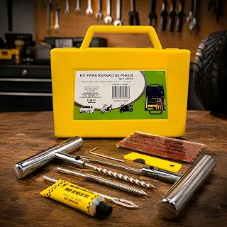 Kit Reparo de Pneu Sem Câmara 12 Peças com Maleta, Macarrão Vulcanizante, Escariador, Aplicador em T, Cola, Estilete para Carro, Moto, Caminhonete e Utilitários (Cores Sortidas: Azul ou Amarelo)