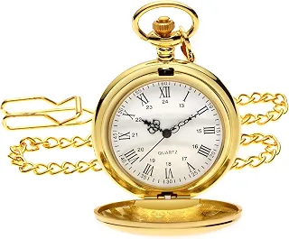 Relógio de bolso vintage liso com corrente, relógios de bolso de liga clássica para homens e mulheres, relógio de bolso de quartzo estilo anos 20, 4,5 cm de diâmetro