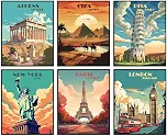 Pôster de cidade de viagem moderno vintage conjunto de 6 sem moldura (20.3 cm x 25.4 cm) arte de parede de cidades populares para decoração estética de quarto (Cidade de viagem A, 20 x 25 cm)