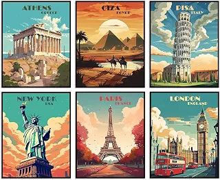 Pôster de cidade de viagem moderno vintage conjunto de 6 sem moldura (20.3 cm x 25.4 cm) arte de parede de cidades populares para decoração estética de quarto (Cidade de viagem A, 20 x 25 cm)