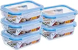 Kit com 5 Potes de Vidro Gato Panda, 640 ml, Retangular, com Tampa Hermética, Azul