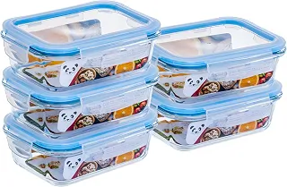 Kit com 5 Potes de Vidro Gato Panda, 640 ml, Retangular, com Tampa Hermética, Azul