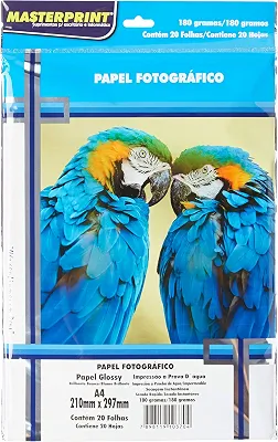 Papel Fotográfico, Inkjet, Glossy, 180g, Masterprint, Multicor, A4, Pacote de 20
