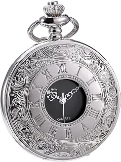 Relógio de bolso clássico de quartzo com escala de algarismos romanos e cinto de corrente, Prata, 1 Count (Pack of 1), Clássico