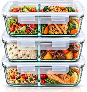 Kit 3 Potes de Vidro 1040ml com Divisórias e Tampa Hermética, Marmita de Vidro com 2 Compartimentos, Potes para Alimentos, Refeições, Marmitas, Organização e Armazenamento na Cozinha