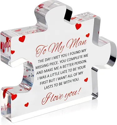 VELENTI Presentes de Dia dos Namorados para ele - To My Man Quebra-cabeça bloco de acrílico gravado 8,5 x 7 cm - Presente de aniversário para marido - Presentes de aniversário de noivo, presentes de