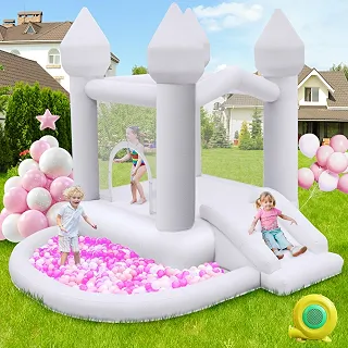 FBSPORT White Bounce House, Inflatable Bounce House with Slide & Ball Pit, Bouncy Castle for Wedding Party Indoor Outdoor with 370W Air Blower