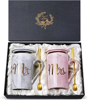 Biching Presentes de casamento para casais 2026, presentes para chá de panela, noivado, aniversário de noiva e noivo, conjunto de canecas de mármore de cerâmica de 400 ml com folha de ouro real