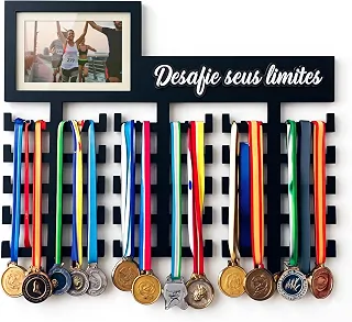 Porta Medalhas MDF Preto Desafie Seus Limites com Porta Foto 10x15 Suporte Parede 32 Medalhas Corrida Maratona Esportes - MAMU