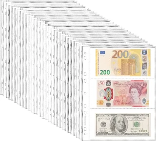 150 bolsos de páginas de cédulas de arquivo – 50 folhas protetoras de moeda sem ácido para notas, selos, cupons IN02050 (transparente, 50 folhas (3 bolsos/lençol))
