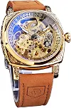 Relógios para homem, relógio mecânico retrô quadrado esculpido, relógios automáticos de esqueleto relógio de pulso vintage com pulseira de couro, Estilo casual