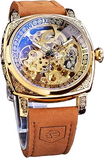 Relógios para homem, relógio mecânico retrô quadrado esculpido, relógios automáticos de esqueleto relógio de pulso vintage com pulseira de couro, Estilo casual